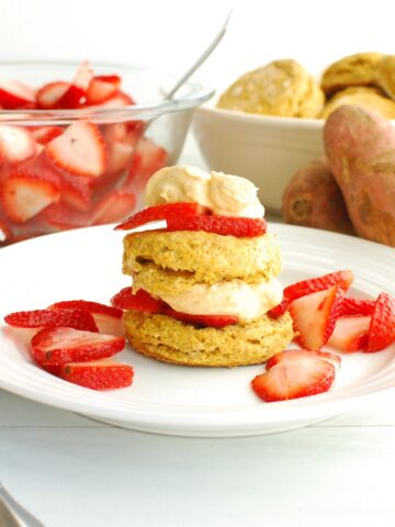 Strawberry shortcake with a sweetpotato biscuit and sweetpotato whipped cream.