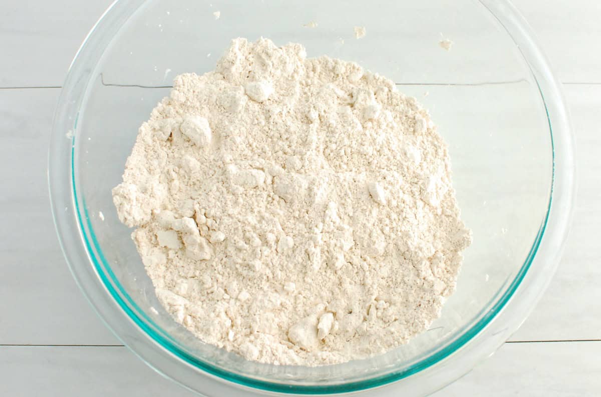 The biscuit ingredients after the butter has been cut in.