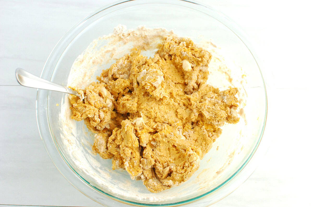 Sweetpotato biscuit dough in a bowl.