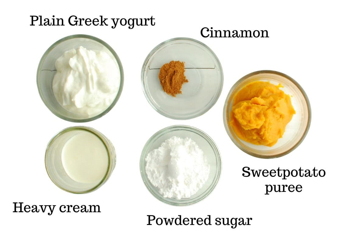 Greek yogurt, heavy cream, powdered sugar, cinnamon, and sweetpotato puree.