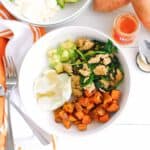 A sweetpotato ricotta breakfast bowl with ground chicken, spinach, and avocado.