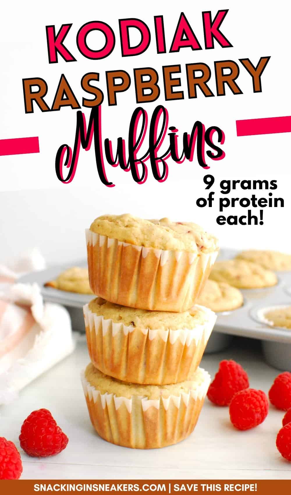 A stack of three Kodiak raspberry protein muffins.