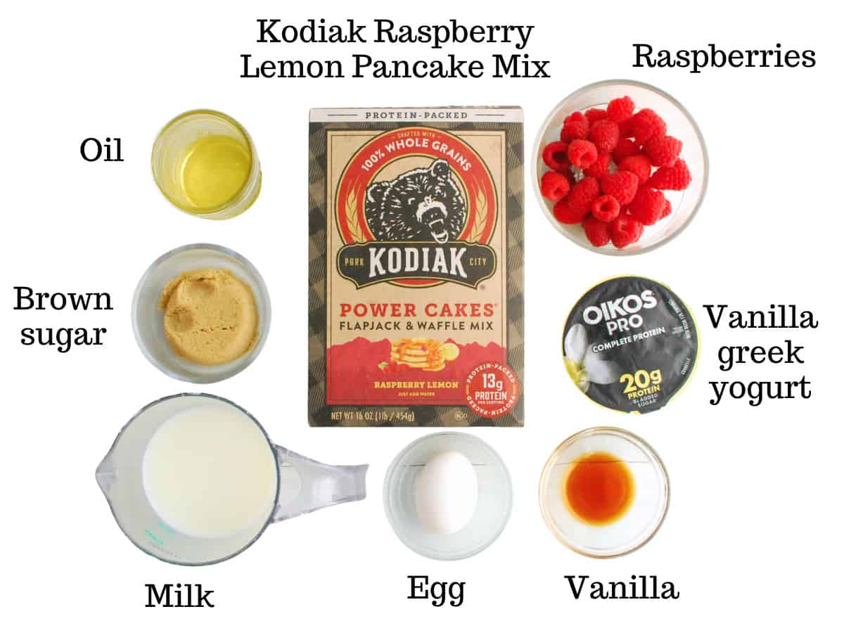 Kodiak raspberry lemon pancake mix, oil, brown sugar, milk, egg, vanilla, raspberries, and yogurt.