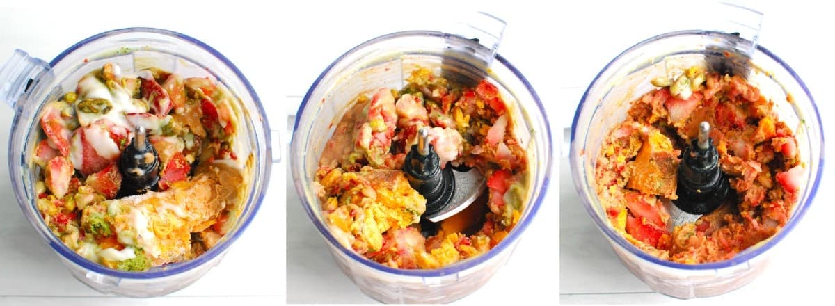 The progression of the nice cream mixture after each interval of processing.