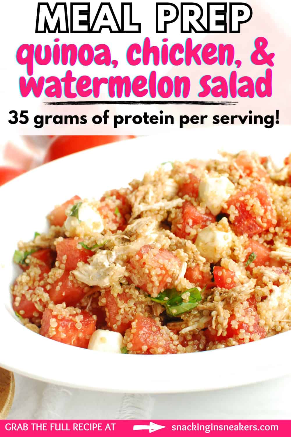 A bowl of quinoa, chicken, and watermelon salad, with a text overlay with the name of the recipe.