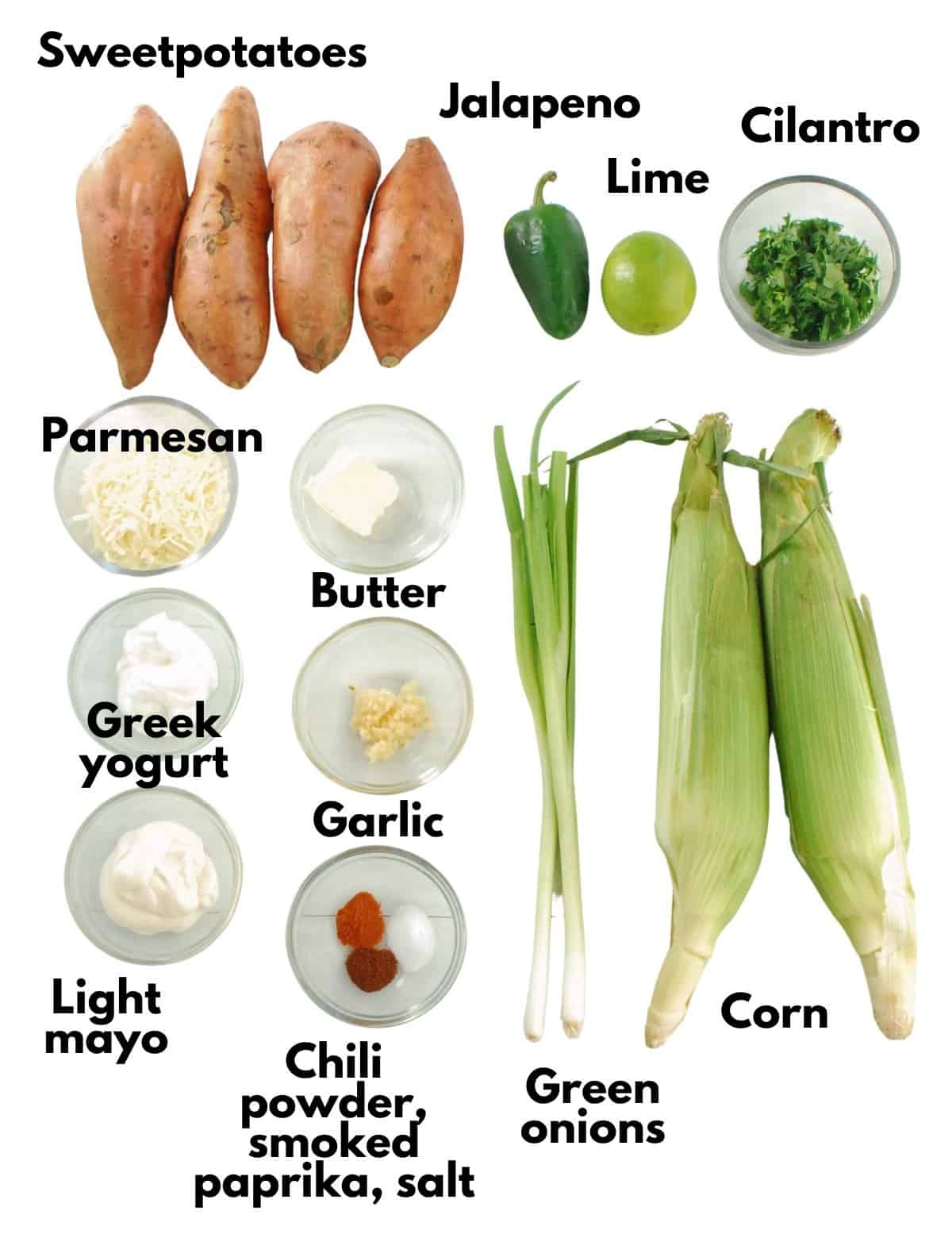 Corn, green onions, sweetpotatoes, jalapeno, lime, cilantro, butter, parmesan, greek yogurt, garlic, light mayo, seasonings.