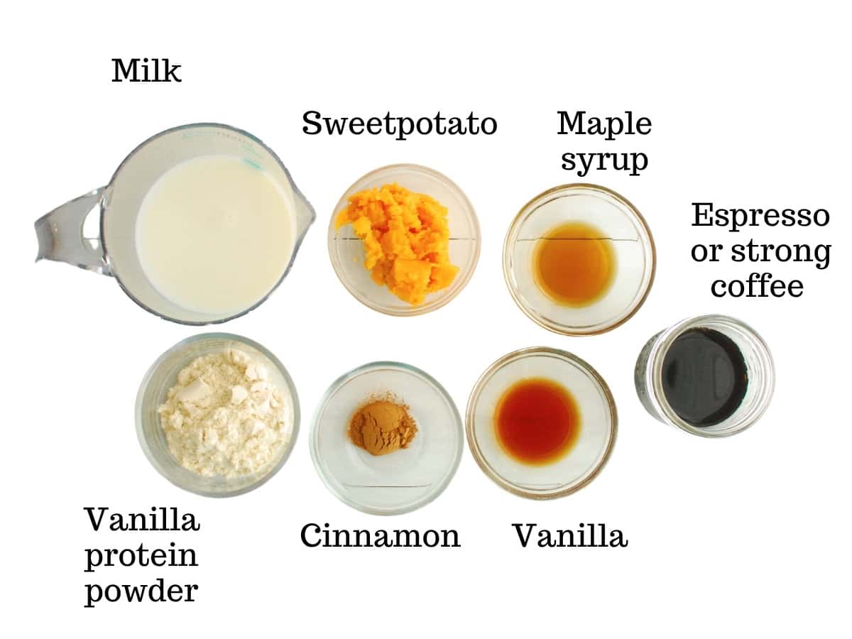 Milk, sweetpotato, maple syrup, coffee, vanilla, cinnamon, and vanilla protein powder.