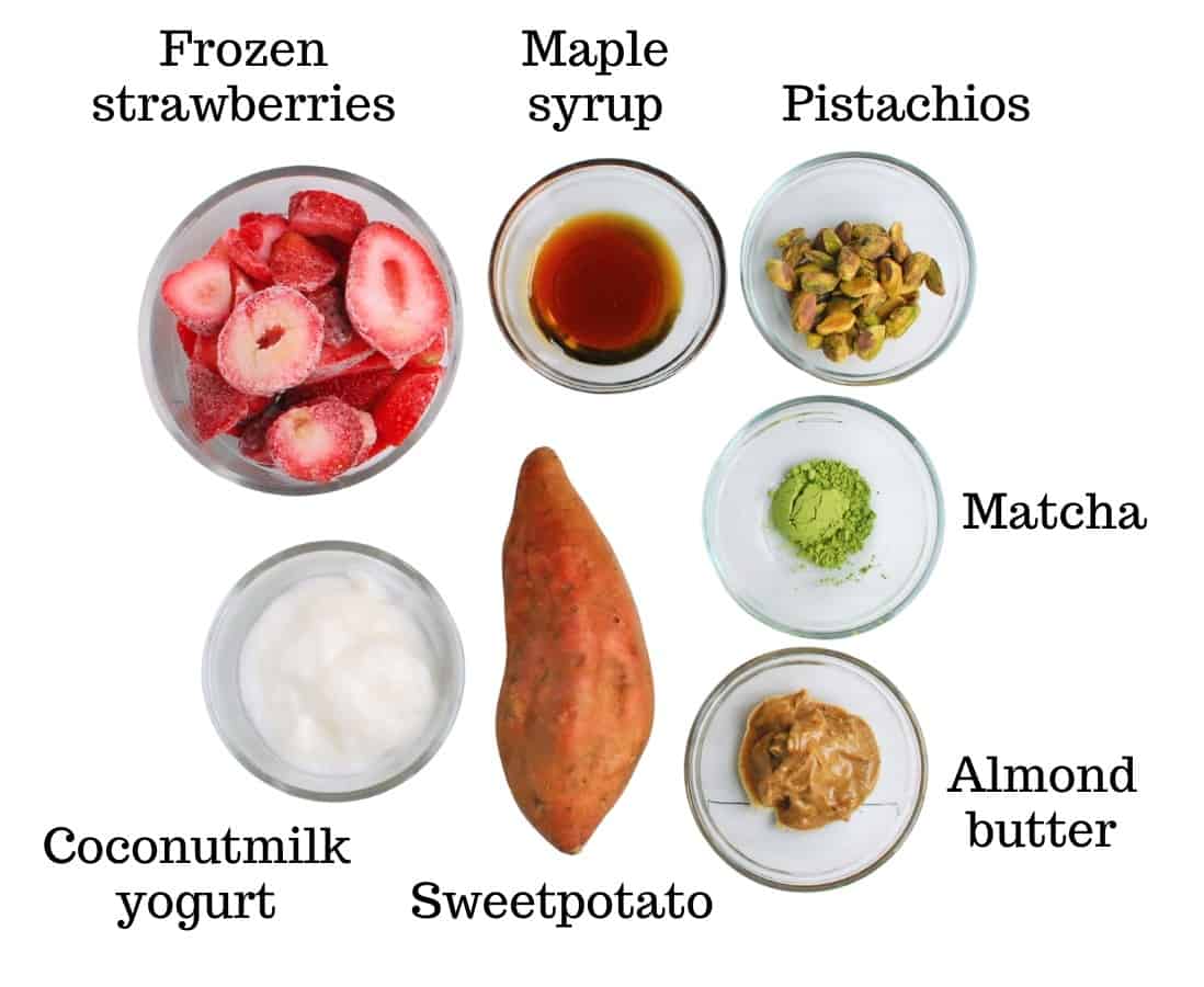 Strawberries, maple syrup, pistachios, coconut yogurt, sweetpotato, macha, and almond butter.