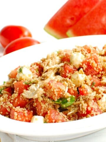 A bowl of watermelon quinoa salad.