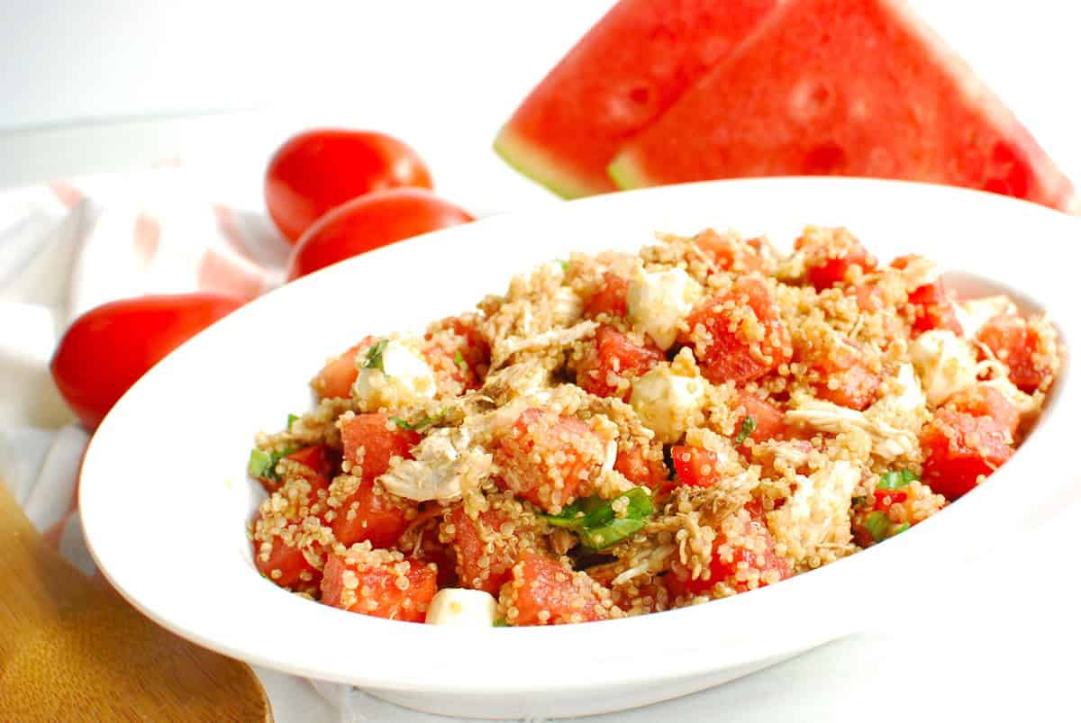 A bowl of watermelon quinoa salad.