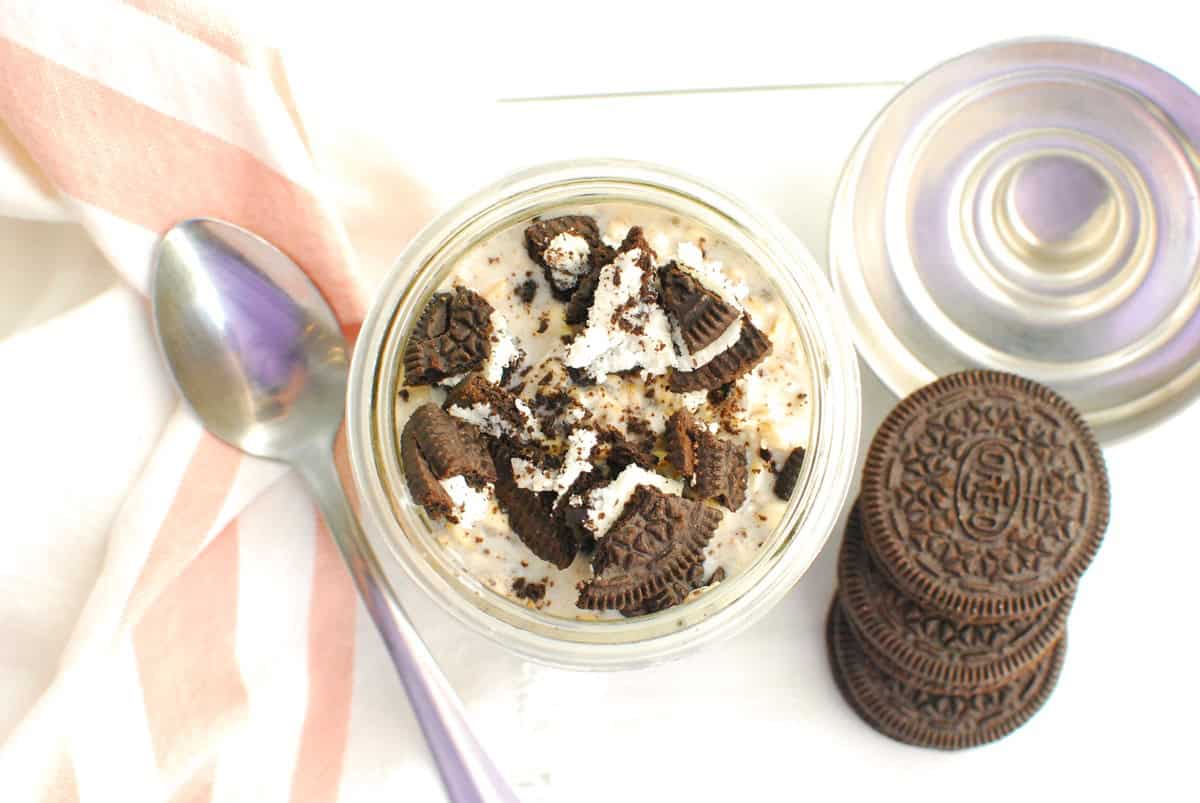 Overhead shot of a mason jar with oreo overnight oats.