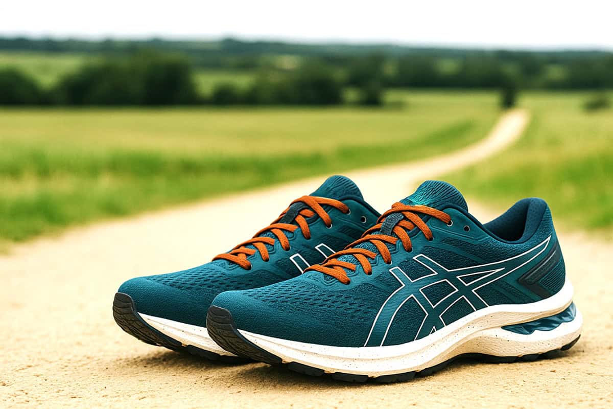 A pair of sneakers on a dirt path.