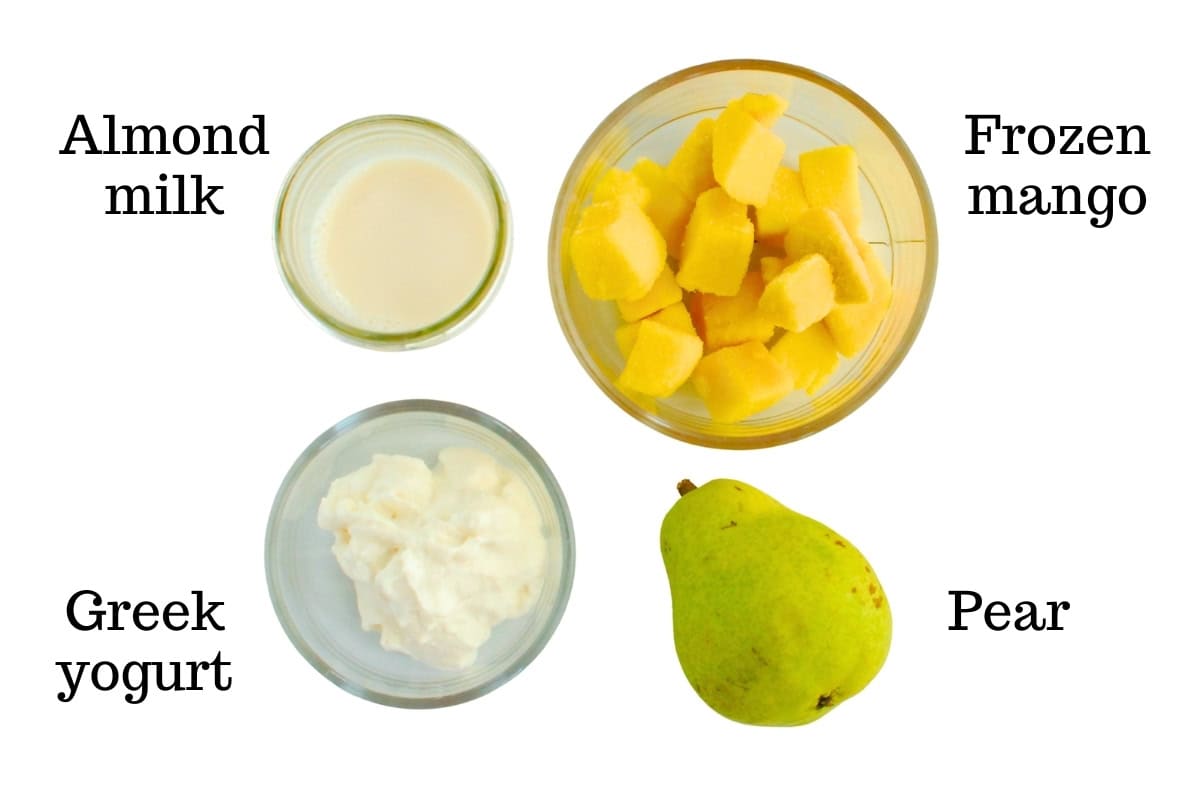 Mango, pear, almond milk, and Greek yogurt.