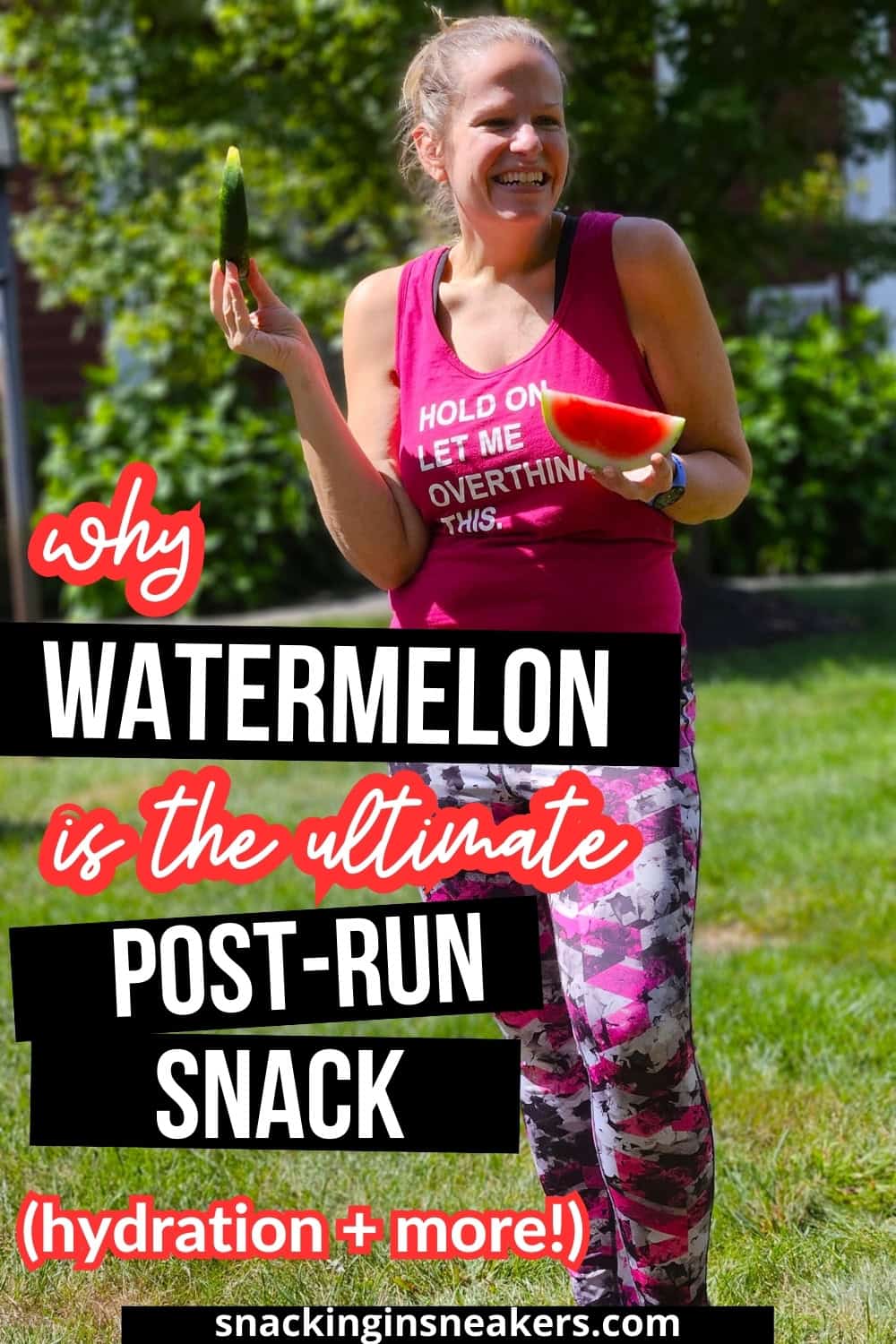 A woman eating watermelon outside with a text overlay that says why watermelon is the ultimate post-run snack.