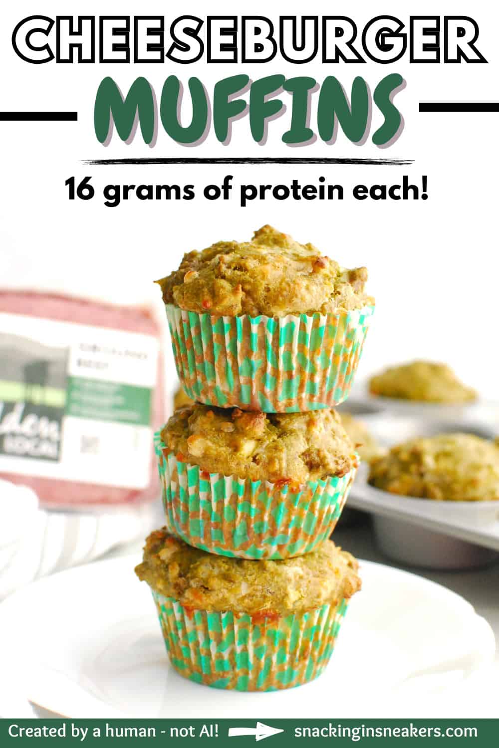 A stack of cheeseburger muffins with a text overlay with the name of the recipe.