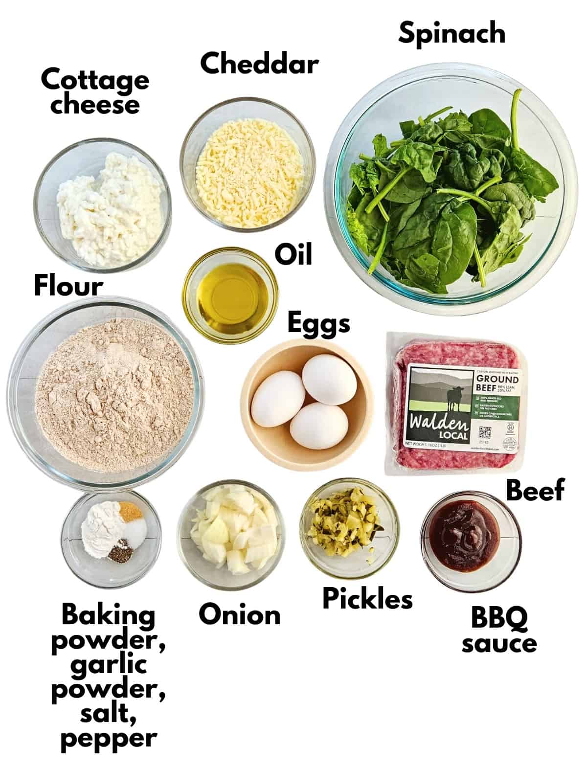 Cottage cheese, cheddar, spinach, oil, eggs, beef, flour, baking powder, garlic powder, salt, pepper, onion, pickles, and barbecue sauce.