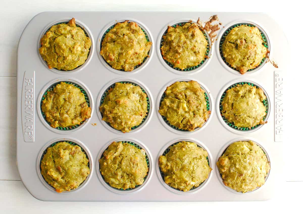 Just-baked cheeseburger muffins in the baking tin.