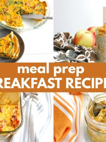 A collage of several meal prep breakfast recipes including chia pudding, overnight oats, breakfast casserole, and quiche.