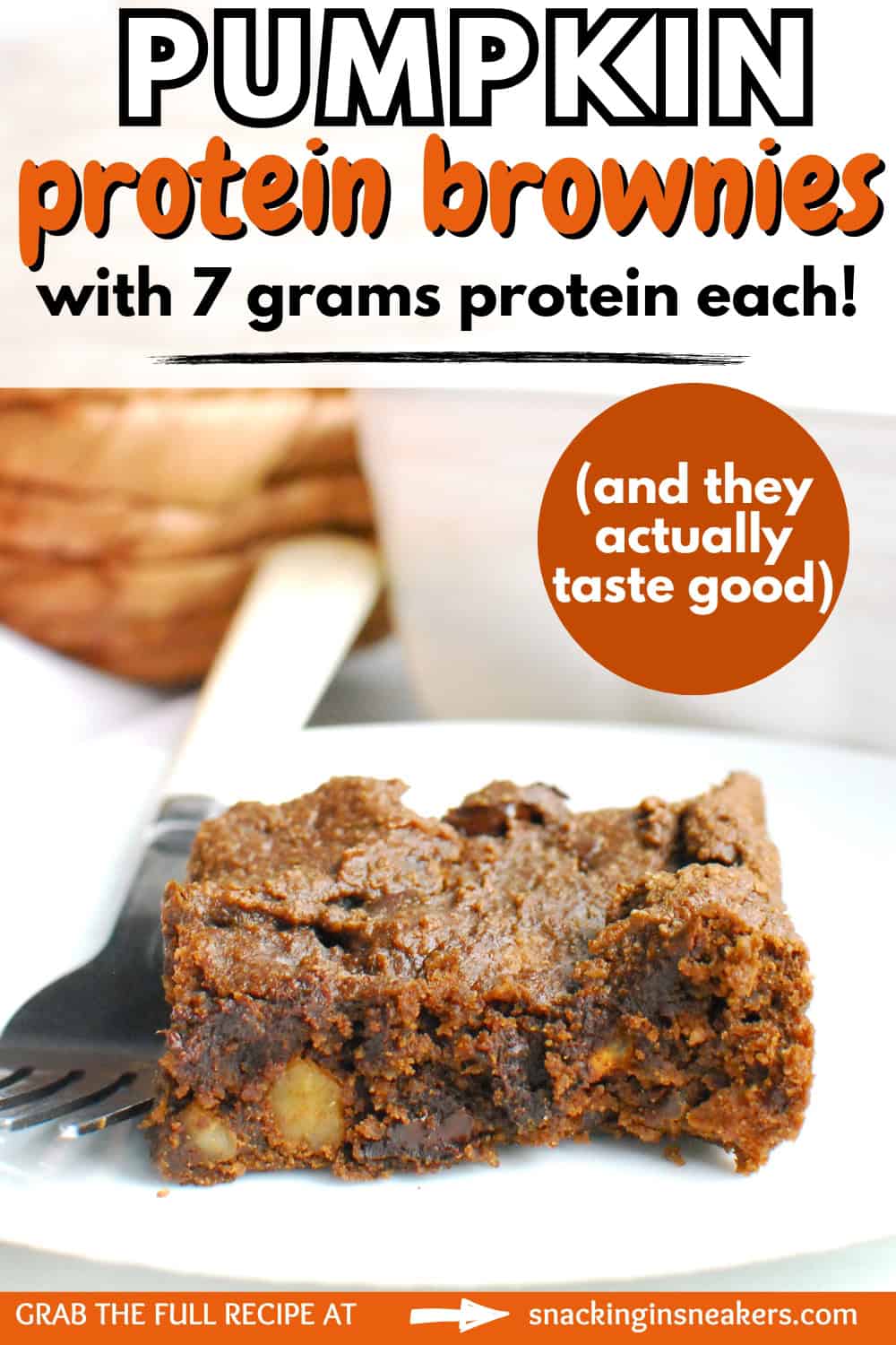 A close up of a protein pumpkin brownie with a text overlay with the name of the recipe.