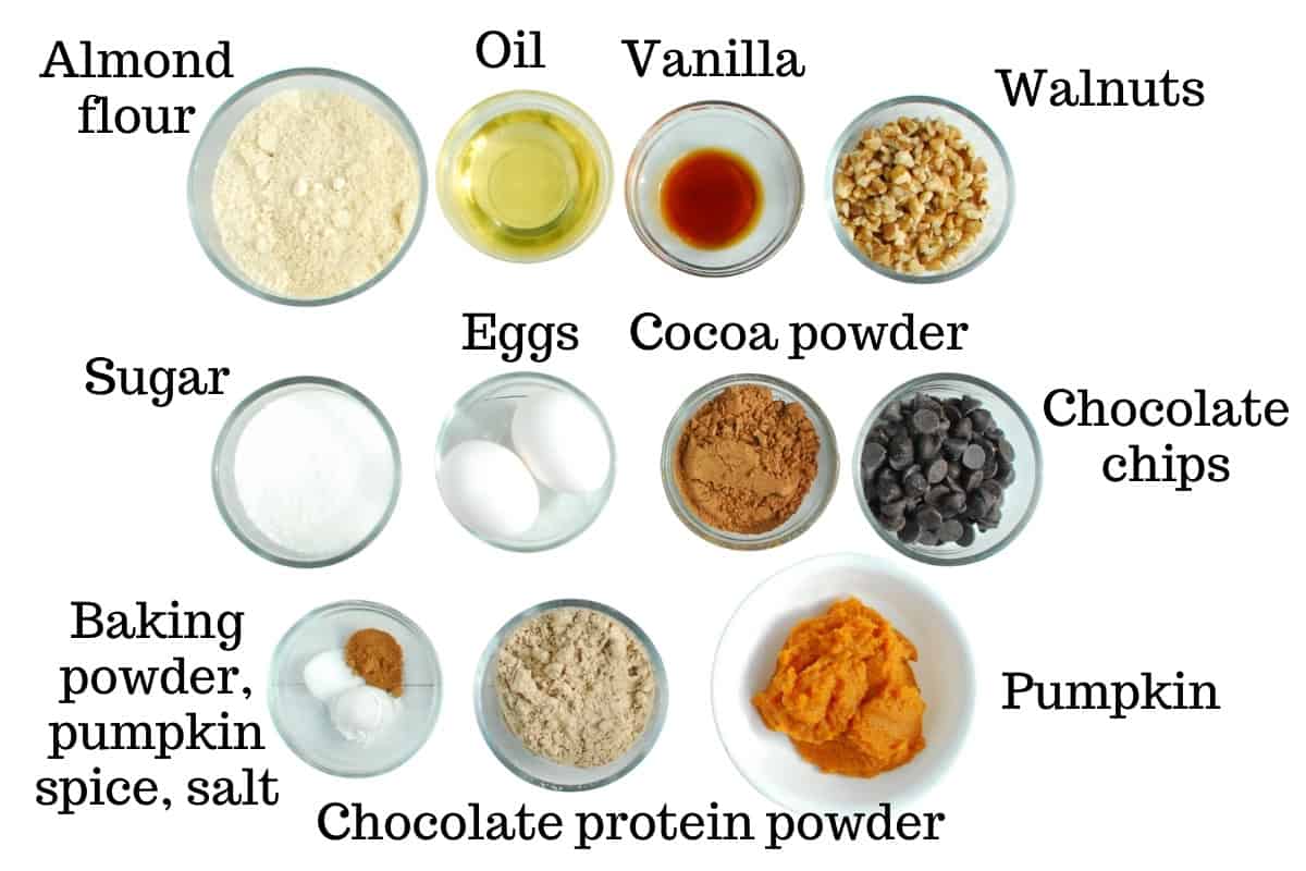 Almond flour, oil, vanilla, walnuts, sugar, eggs, cocoa powder, chocolate chips, baking powder, pumpkin spice, salt, chocolate protein powder, and pumpkin.