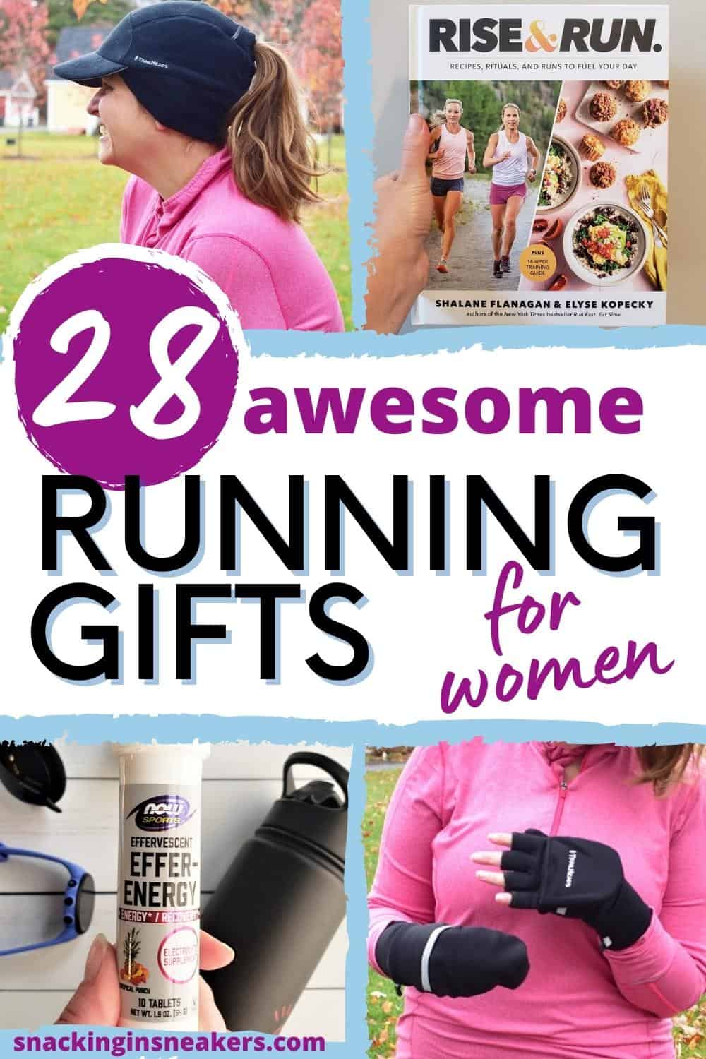 A collage of several running gifts for women including a hat, gloves, book, and electrolyte tablets.