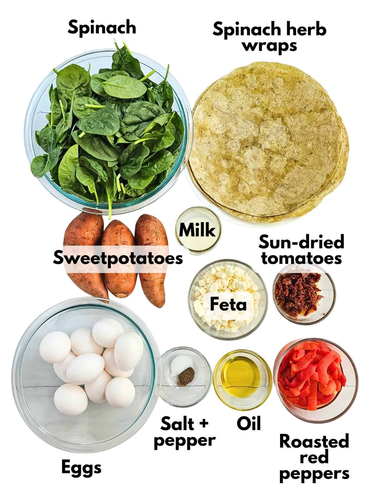 Wraps, spinach, sweetpotatoes, milk, feta, sun dried tomatoes, eggs, salt, pepper, oil, and roasted red peppers. 