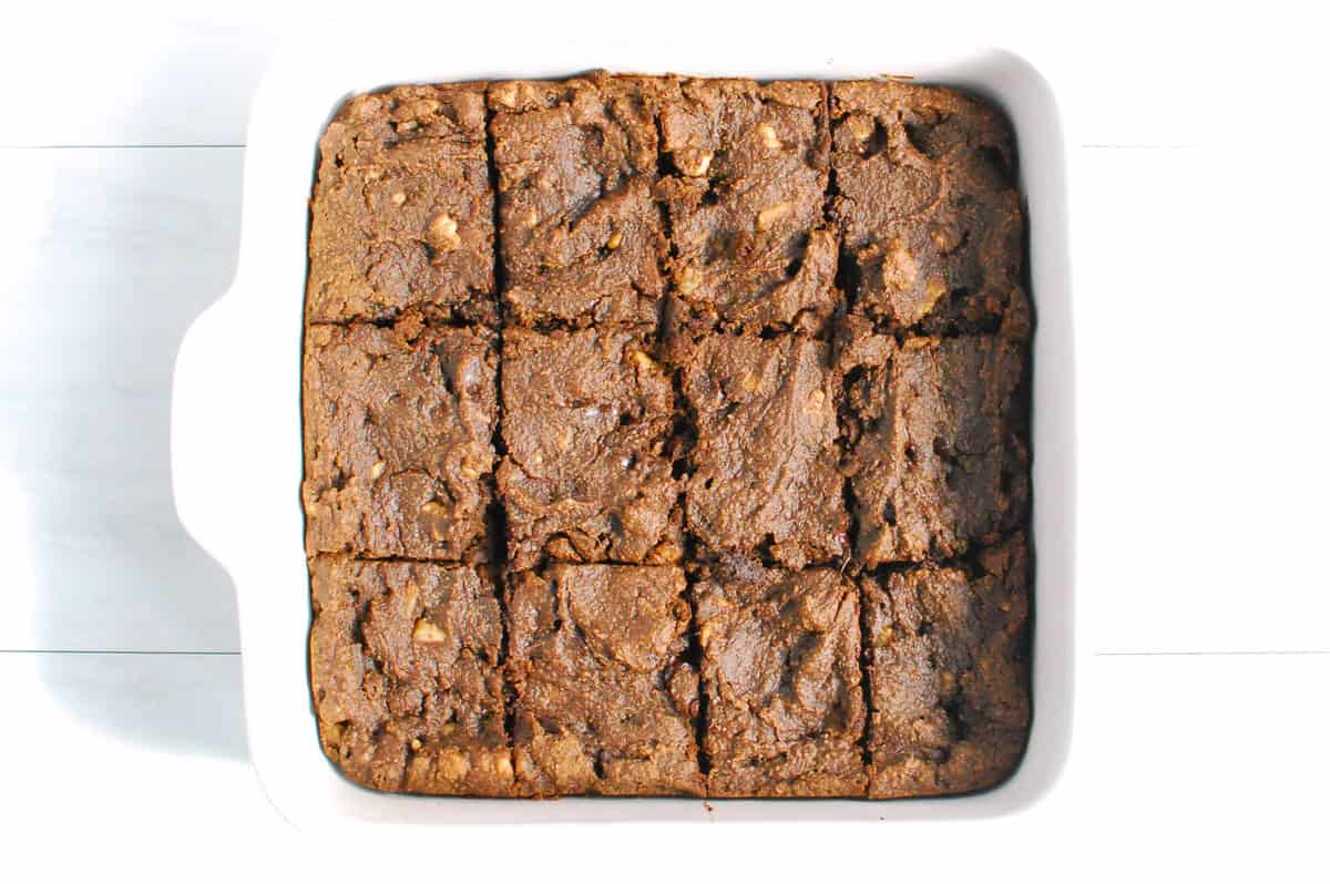 An 8x8 baking dish with 12 brownies.