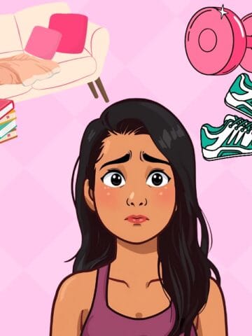 A woman looking torn thinking about relaxing on the couch versus exercising.
