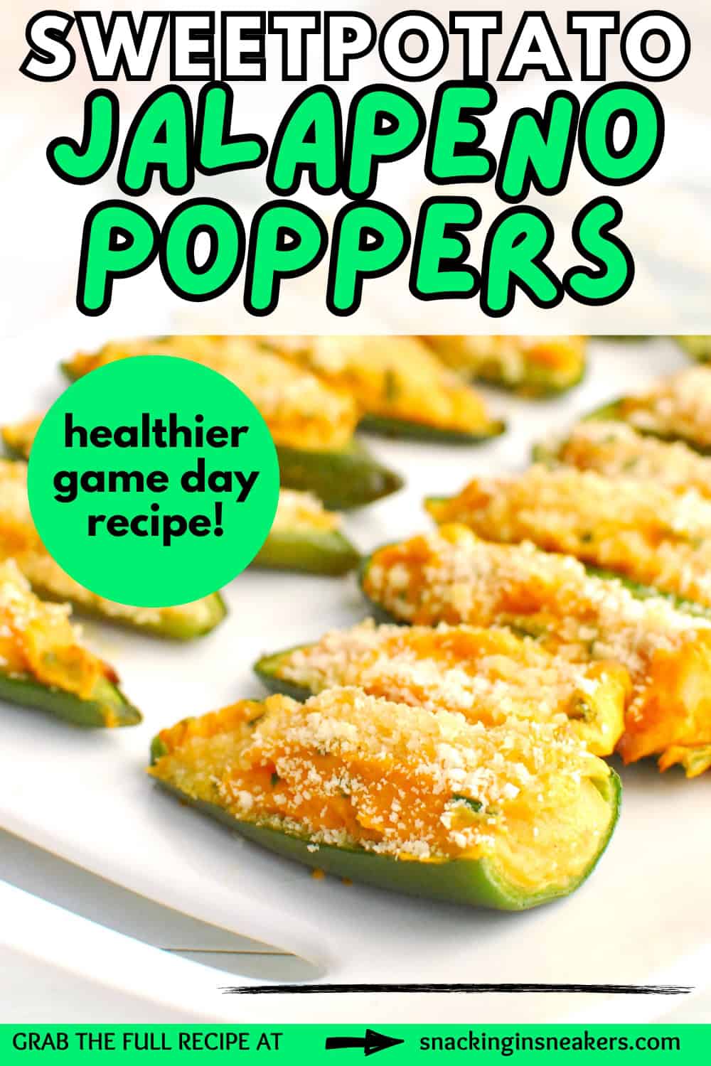 Sweetpotato jalapeno poppers on a plate with a text overlay with the name of the recipe.