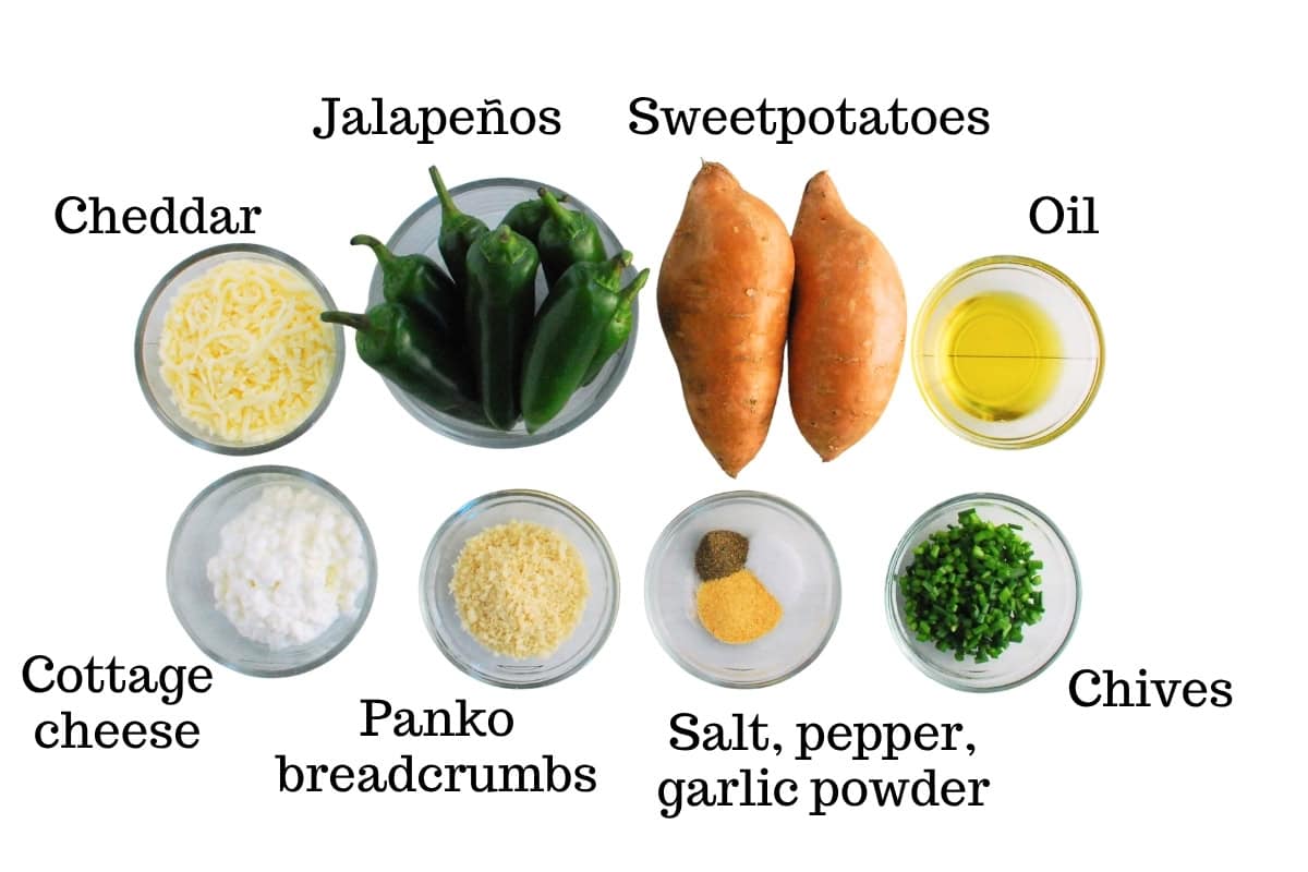 Sweetpotatoes, jalapenos, oil, chives, salt, garlic powder, pepper, cheddar, cottage cheese, and breadcrumbs.