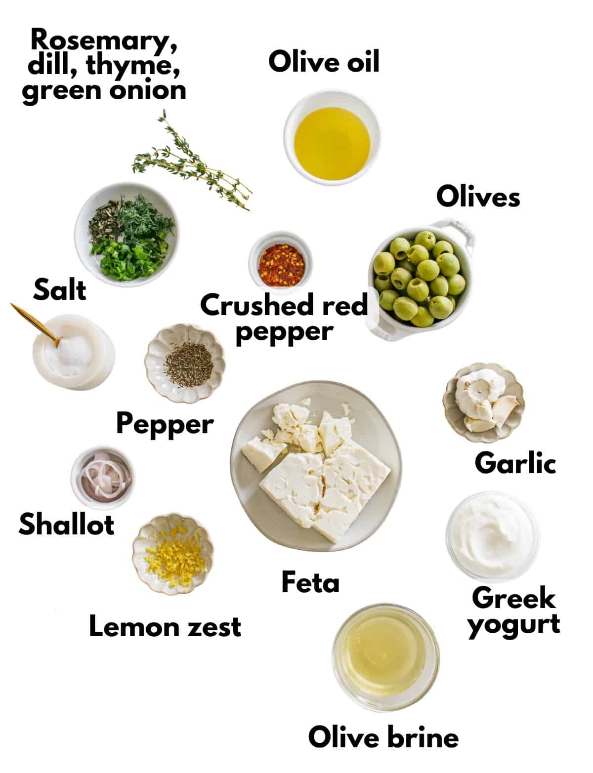Herbs, oil, olives, seasonings, shallot, lemon zest, feta, garlic, olive brine, and greek yogurt.