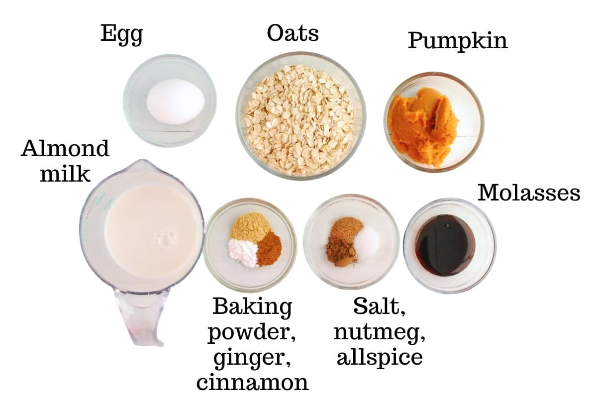 Egg, oats, pumpkin, almond milk, baking powder, ginger, cinnamon, salt, nutmeg, allspice, and molasses.