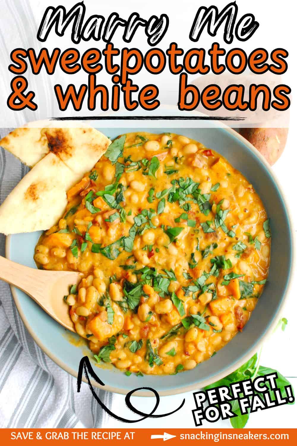 An overhead shot of a serving bowl filled with marry me white beans and sweetpotatoes.