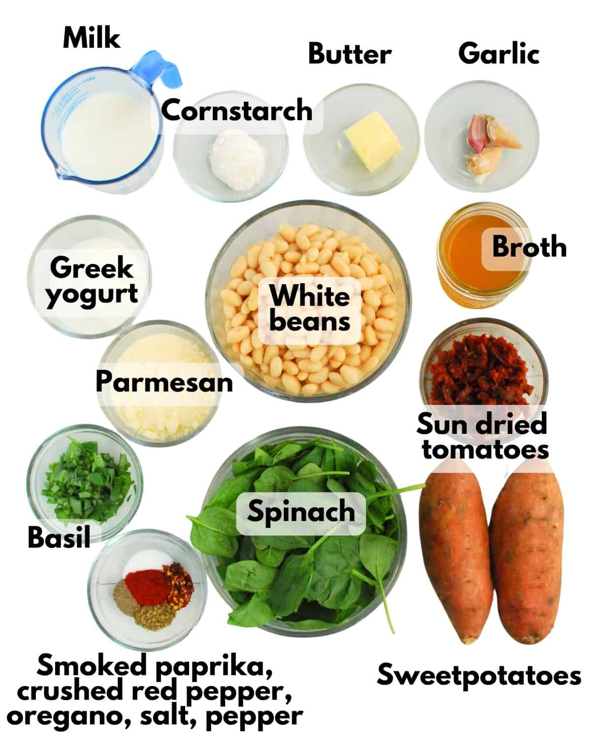 Milk, cornstarch, butter, garlic, greek yogurt, white beans, broth, parmesan, basil, spinach, sun dried tomatoes, sweetpotatoes, and seasonings.