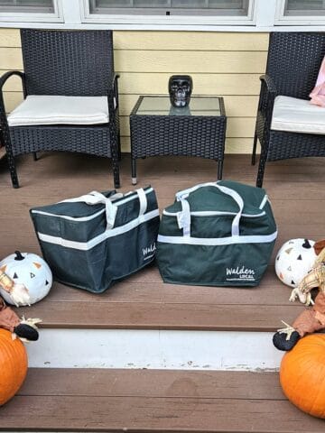 Two Walden local meat bags delivered to the porch of a house.