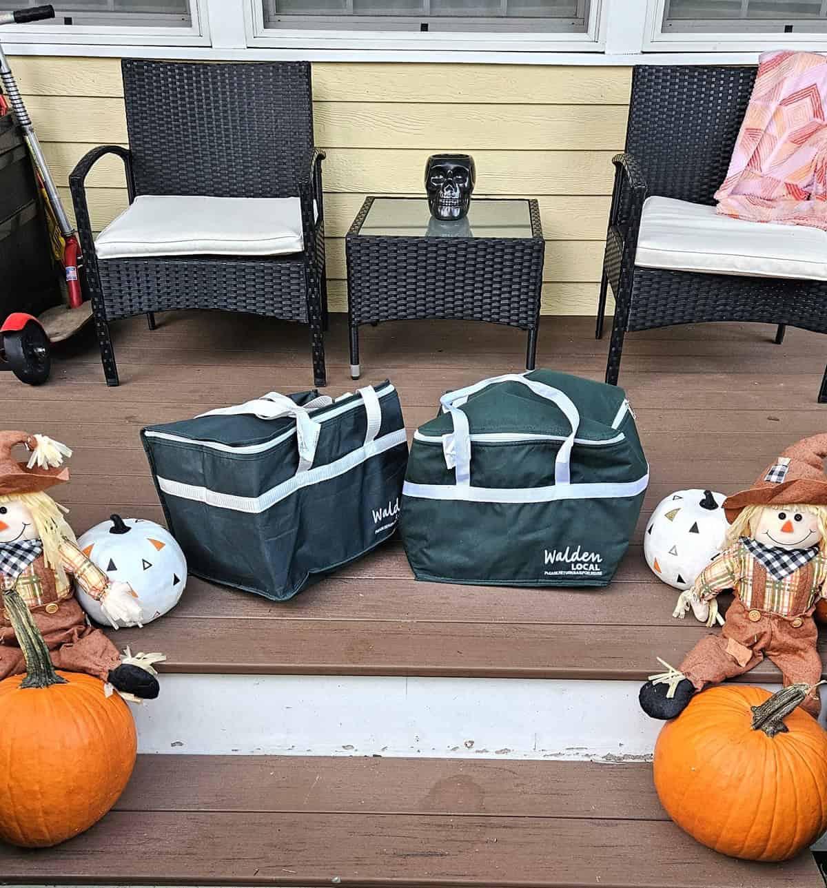 Two Walden local meat bags delivered to the porch of a house.