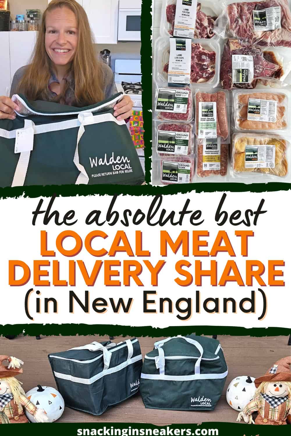 A collage of a woman holding a Walden Local bag, the meats from Walden local, and a sample delivery, with a text overlay that says the absolute best local meat delivery share in New England.