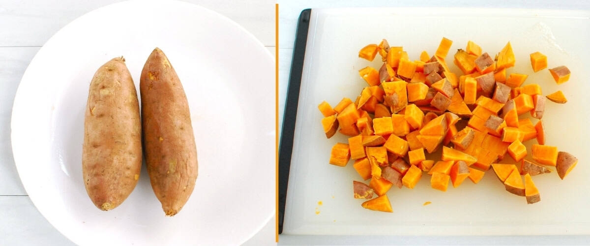 A collage of sweetpotatoes cooked on a plate in the microwave and sweetpotatoes chopped on a cutting board.