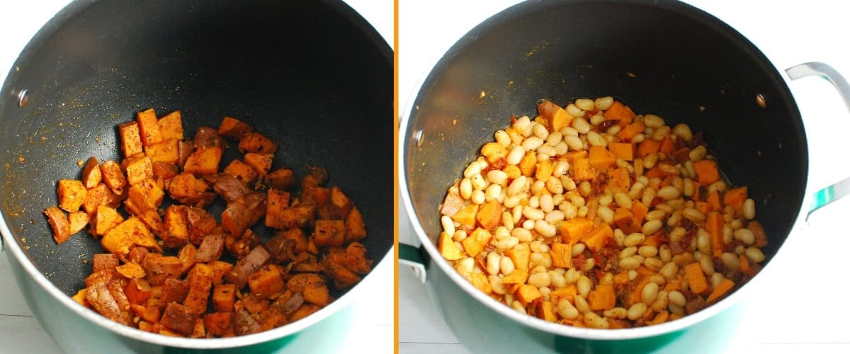 A collage of seasoned sweetpotatoes in a pot, and then the pot with beans, sun dried tomatoes, and broth added.