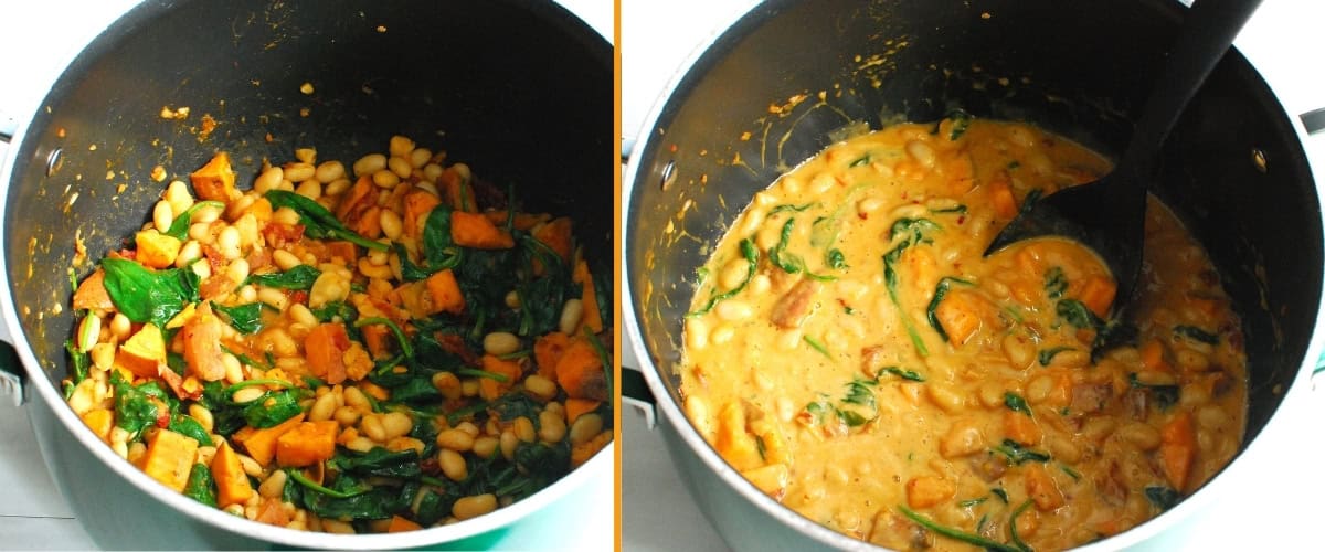 A collage of spinach added to the pot, and then milk and yogurt added to the pot.