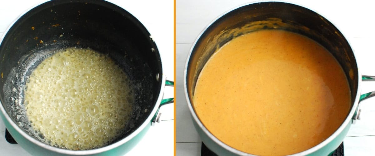 A collage of a roux in a pot, then the final sweetpotato cheese sauce in a pot.