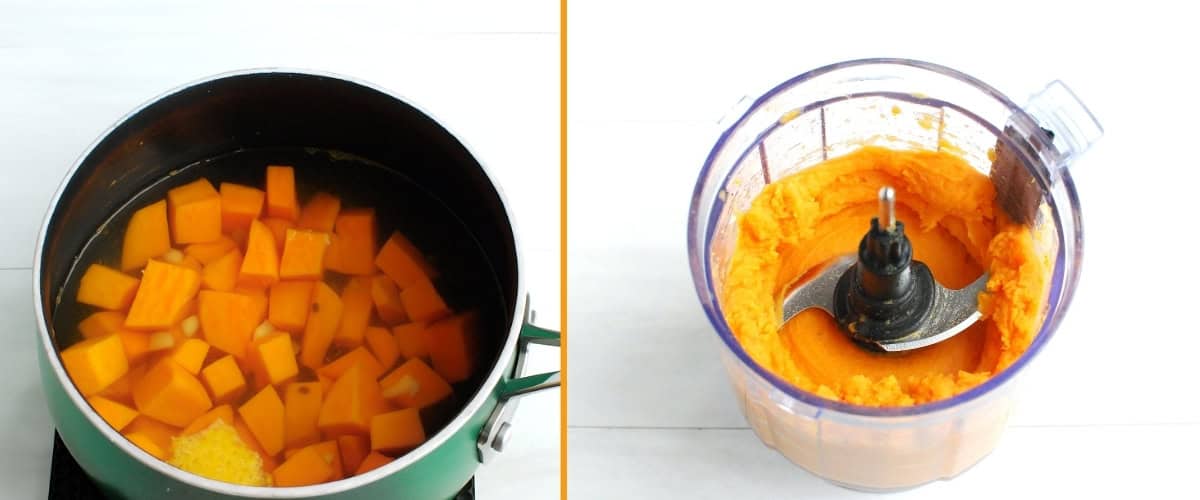 A collage of sweetpotato boiling in a pot, then pureed in a food processor.