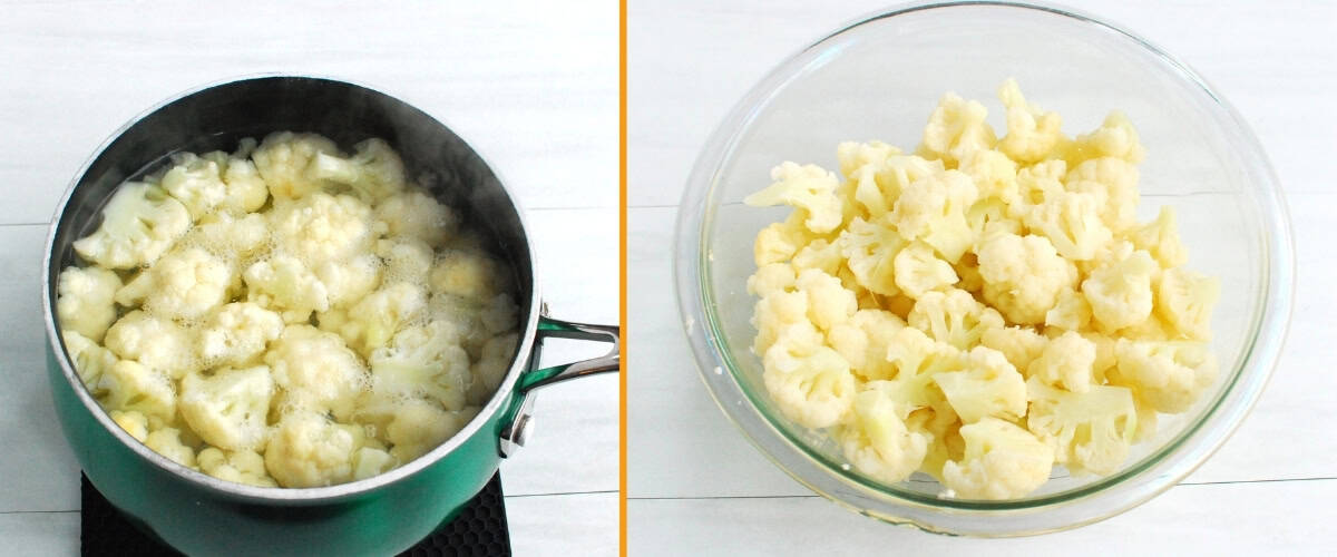 A collage of cauliflower boiling in a pot, and then drained into a bowl.