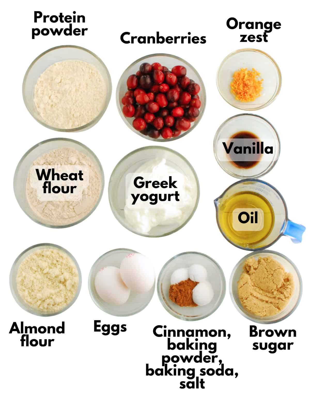 Protein powder, cranberries, orange zest, flour, yogurt, vanilla, oil, almond flour, eggs, brown sugar, cinnamon, baking powder, baking soda, and salt.