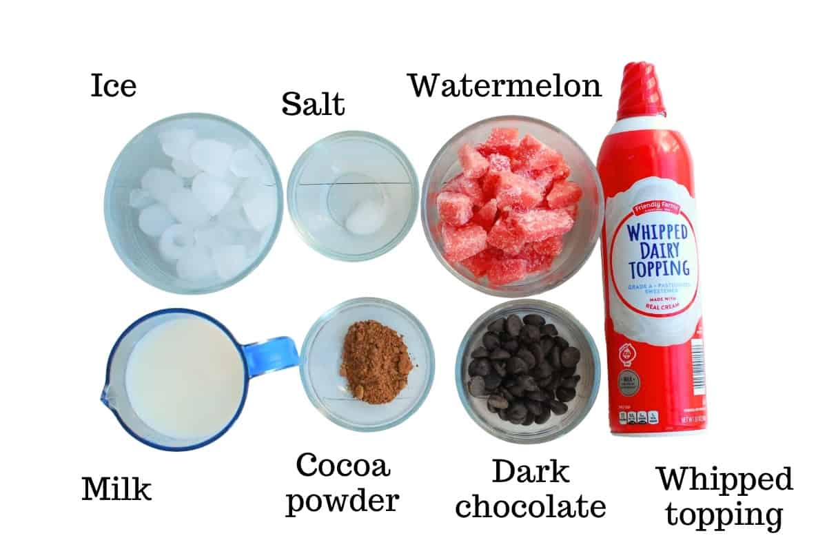 Ice, milk, salt, cocoa powder, frozen watermelon, dark chocolate, and whipped cream.