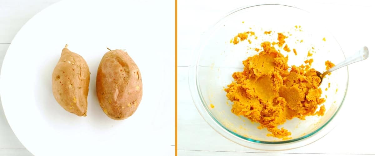 A collage of sweetpotatoes microwaved on a plate and another image of a bowl of mashed sweetpotatoes with spices.