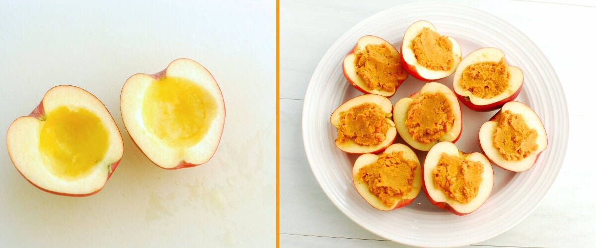 A collage of apples cut in half and cored, and then another image of the apples stuffed with sweetpotato filling.