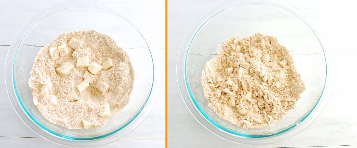 A collage of a bowl with cubed butter added to flour, and another with a bowl of the butter fully incorporated so the mixture resembles coarse sand.