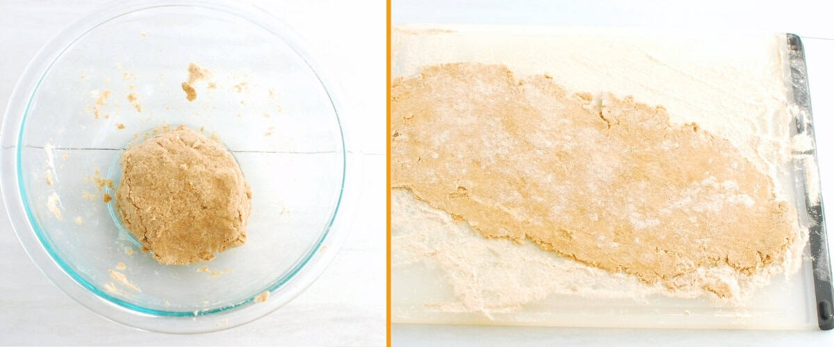 A collage of pie crust dough in a bowl and the pie crust dough rolled out on a floured surface.