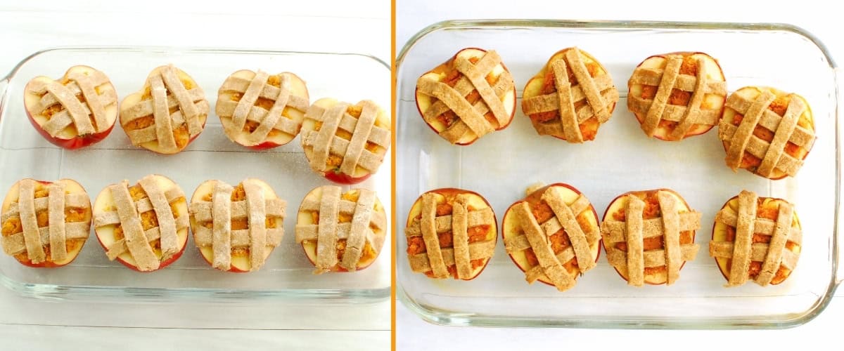 A collage of the unbaked stuffed apples topped with pie crust and then the baked apples topped with pie crust.